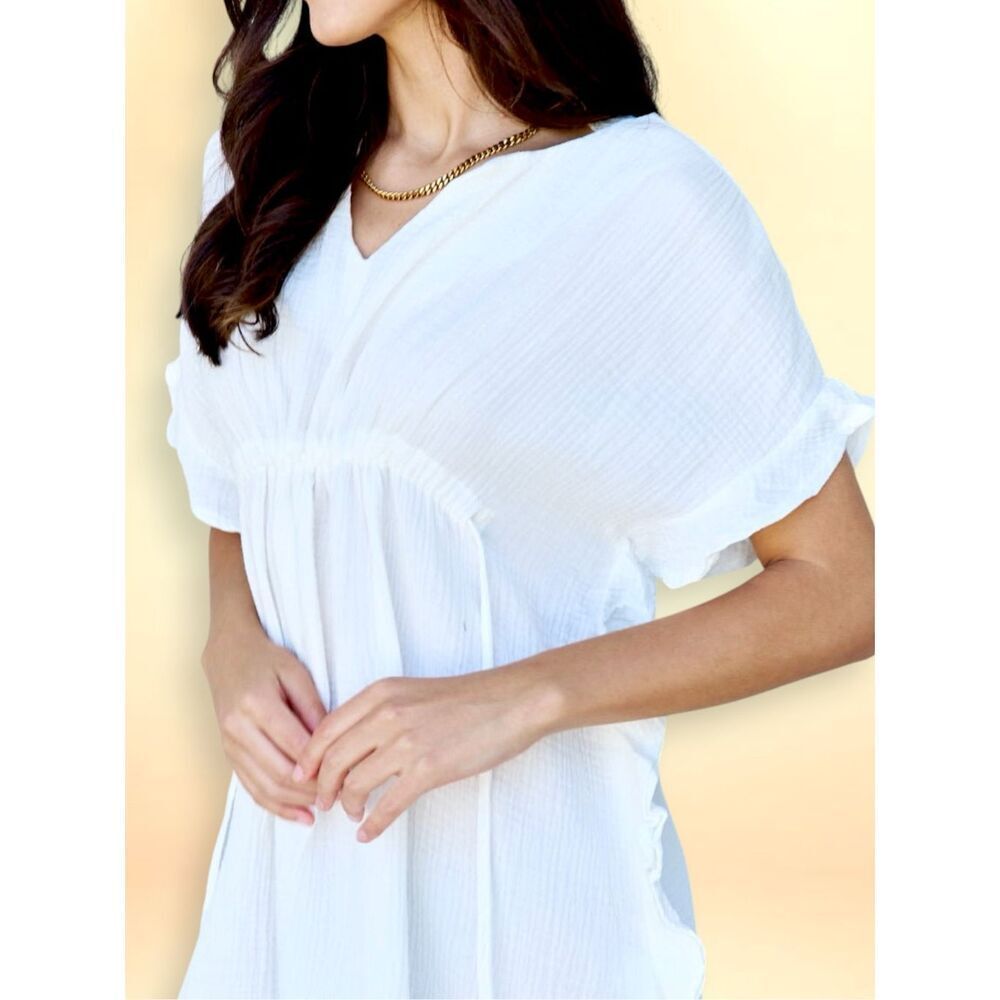 White Flowy Babydoll Mini Dress Drawstring Waist Boho Beach Cover Up Ruffle Hem - Picture 5 of 12
